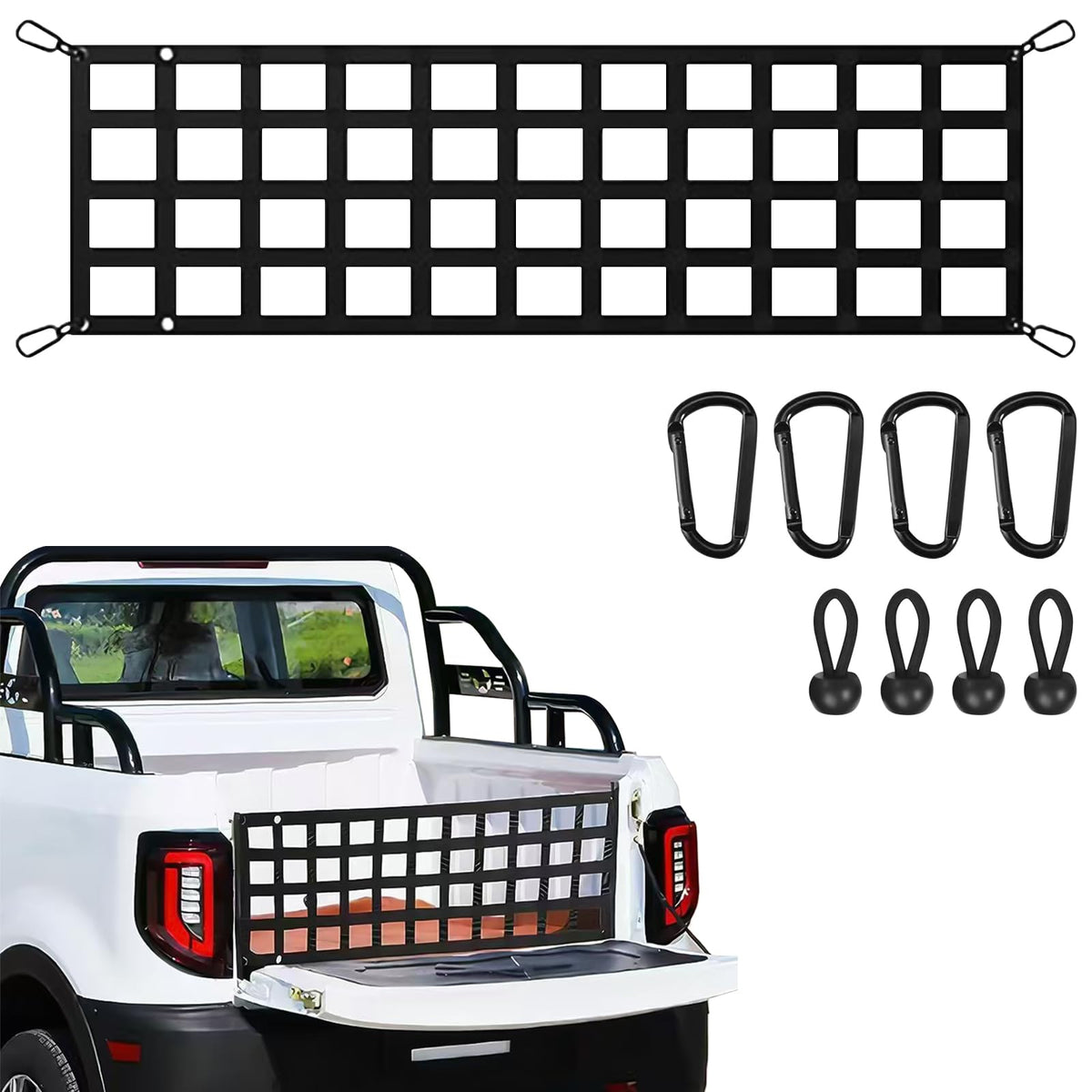 CCNU front view of packaged truck bed net showing size and contents, adds secure storage