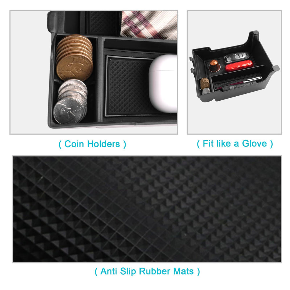 CDEFG compartments filled with sunglasses phone keys showing organization benefit