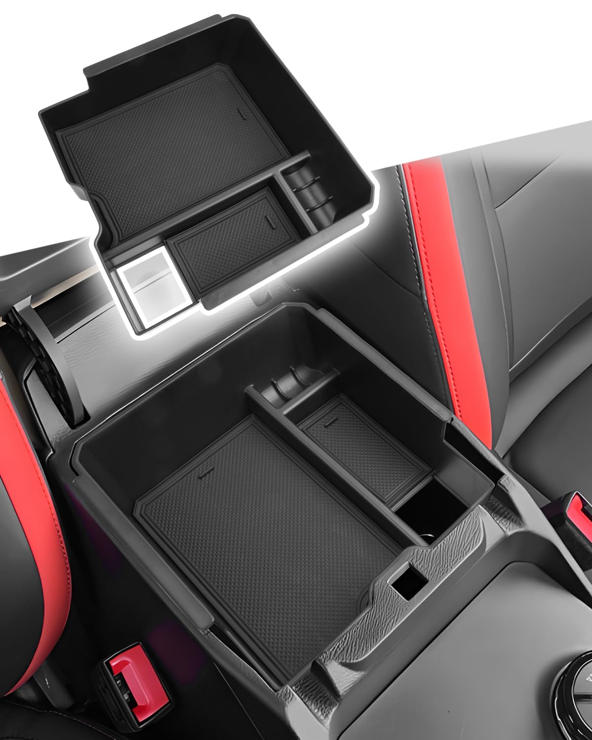 CDEFG front view of center console tray showing neat fit and increased organization