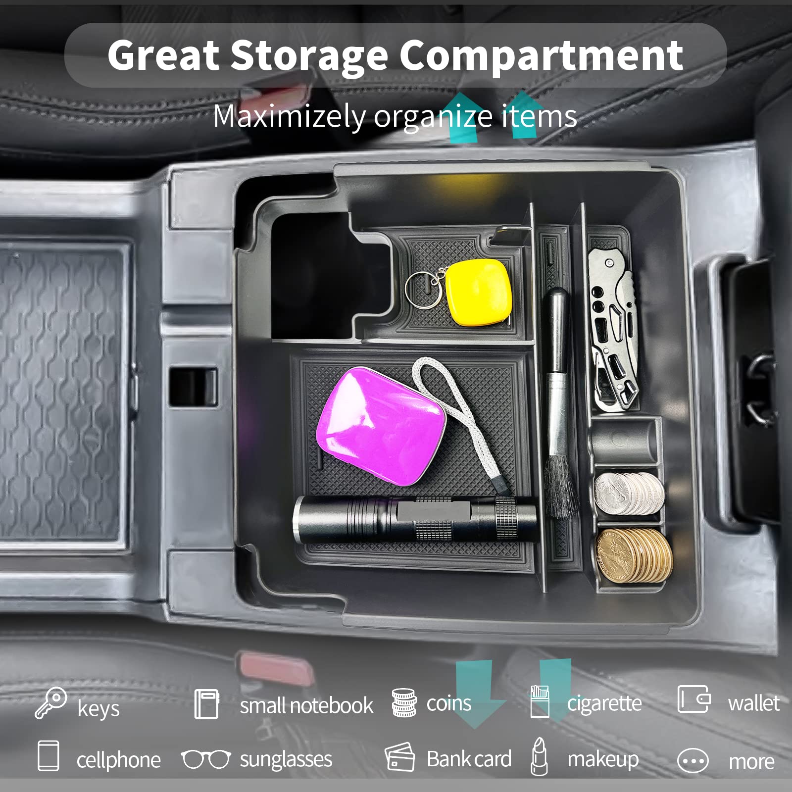 CDEFG organizer lifted out to show two-tier storage and easy removal benefit