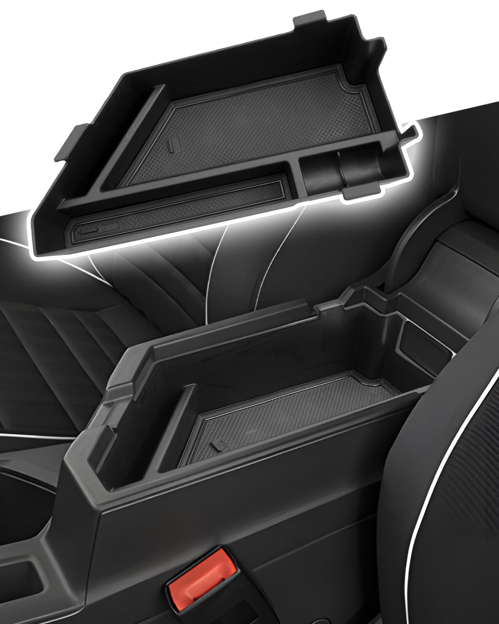 CDEFG front view of console tray showing tidy compartments and quick access