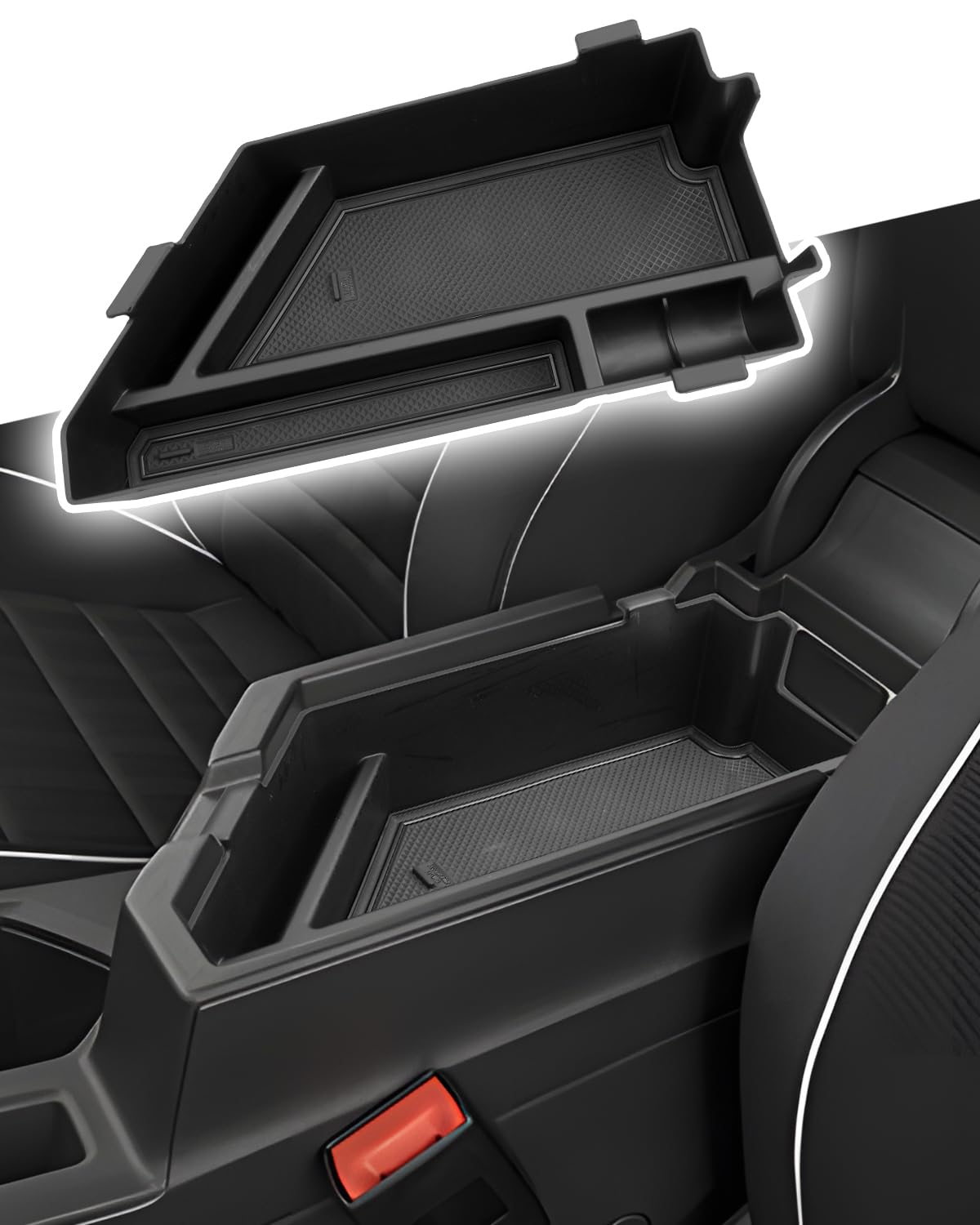 CDEFG front view of console tray showing tidy compartments and quick access