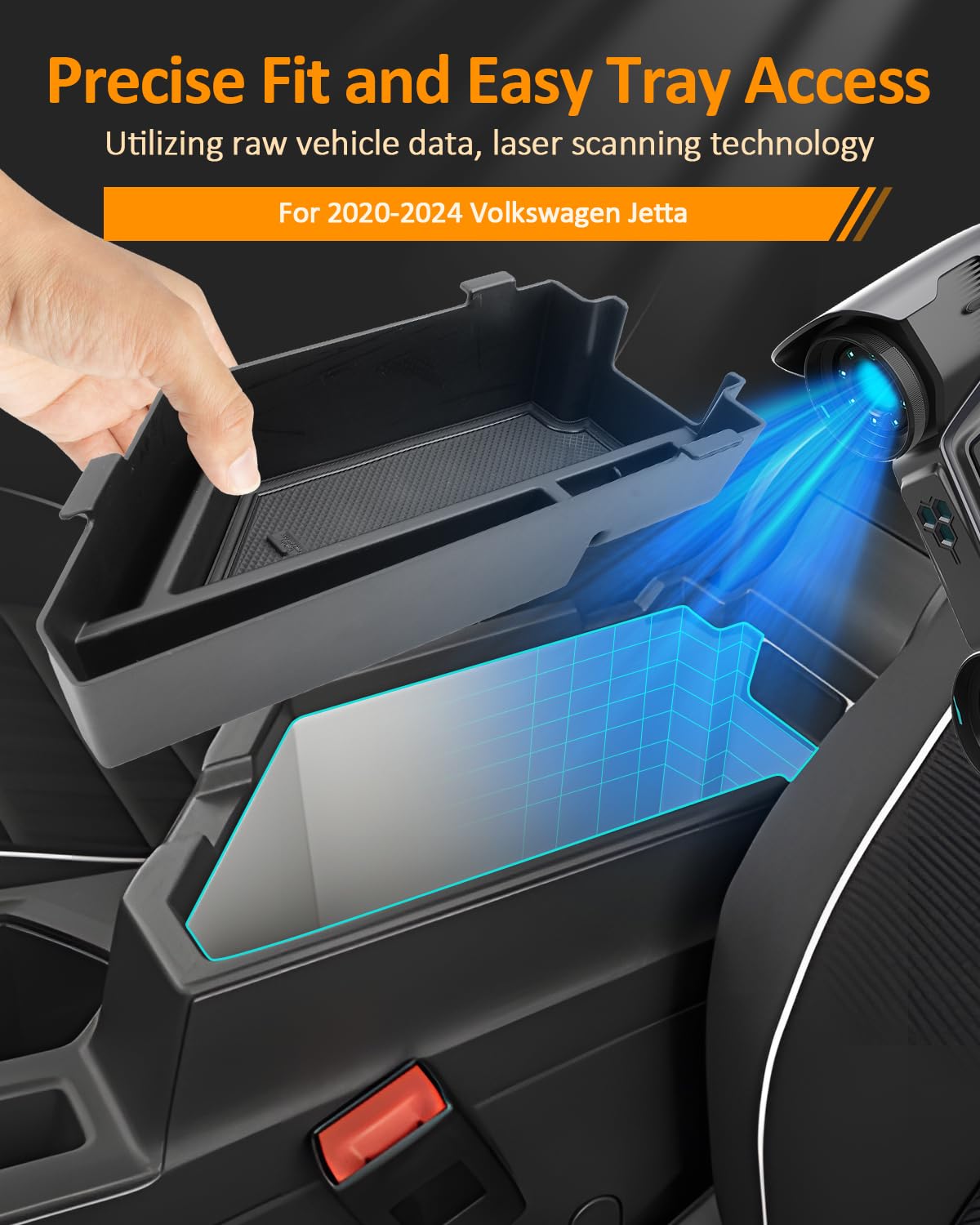 CDEFG top-down of tray compartments organizing phone, coins, and cables