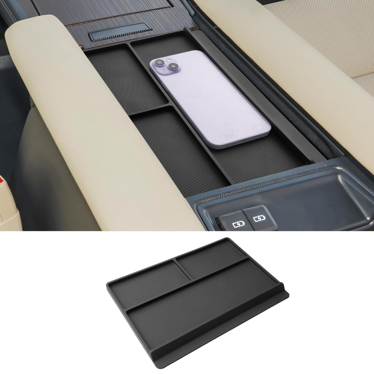 CDEFG front view of tray on Sienna armrest showing neat storage benefit