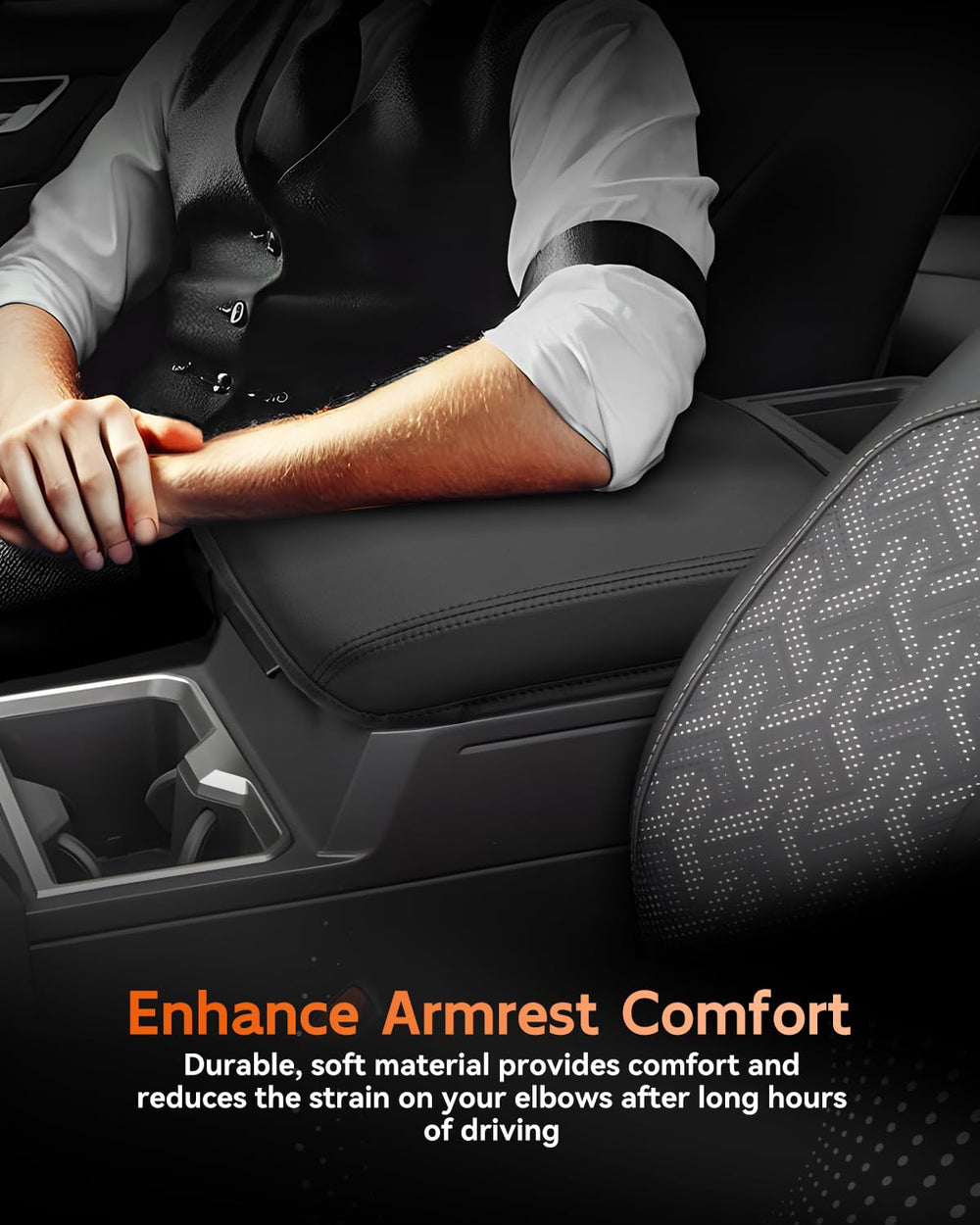CDEFG armrest in use with driver resting elbow for increased comfort
