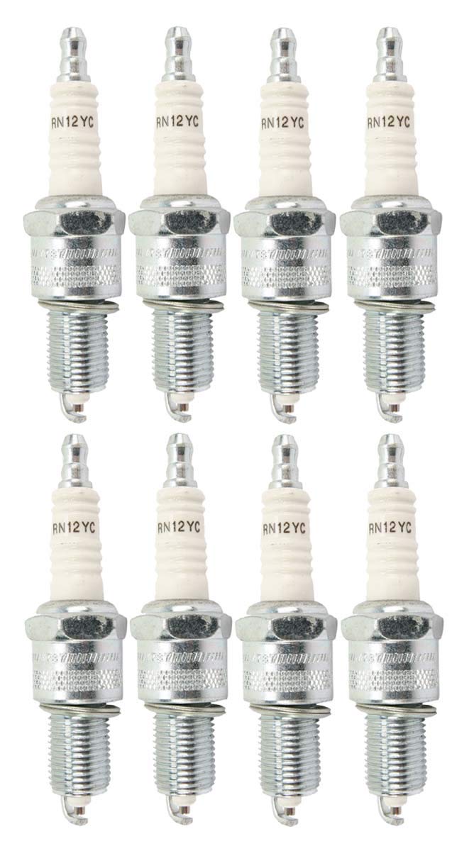 Champion RN12YC front view of eight-pack showing packaging and plugs, demonstrating OEM reliability