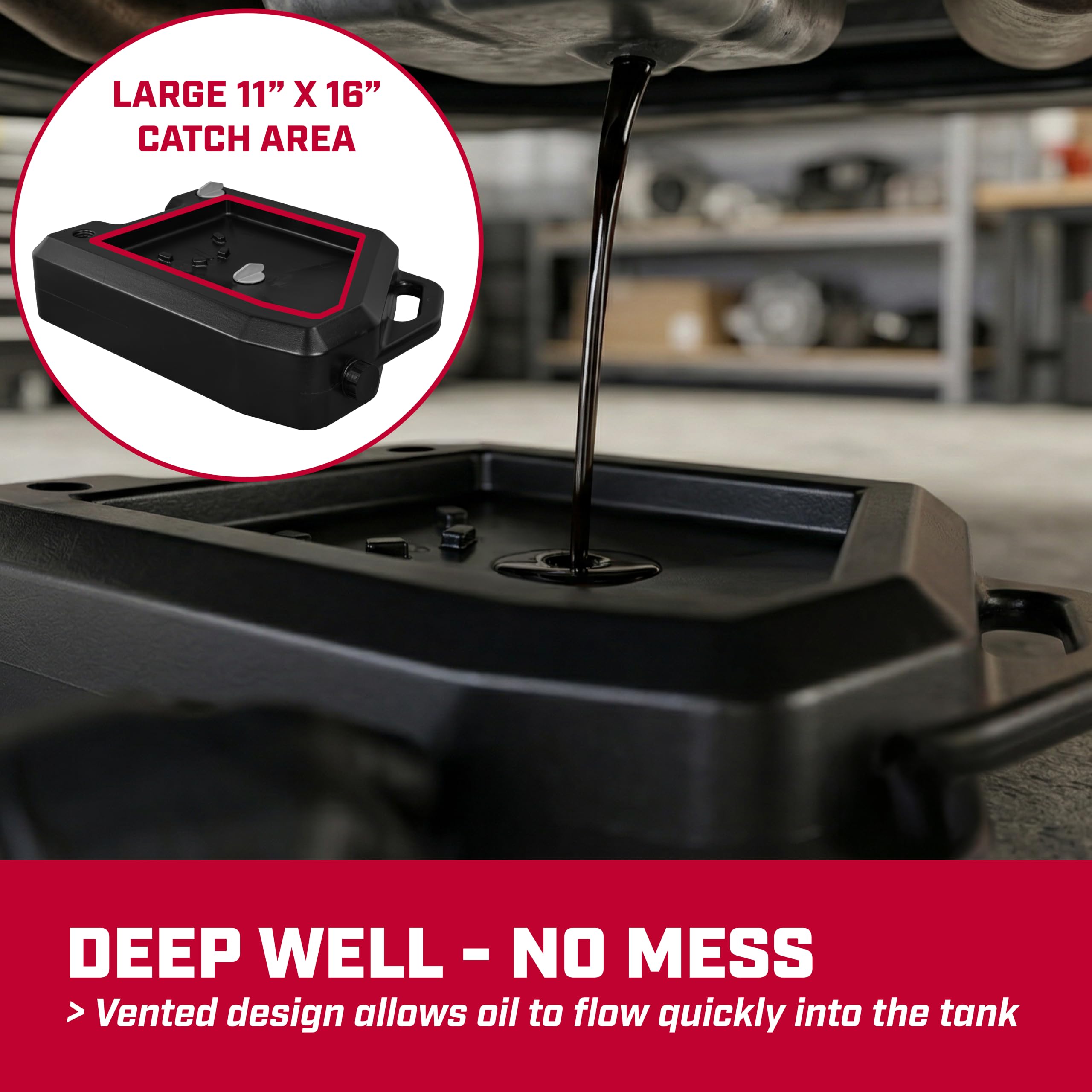 CHAPIN 48004 positioned under vehicle catching oil to reduce garage floor mess