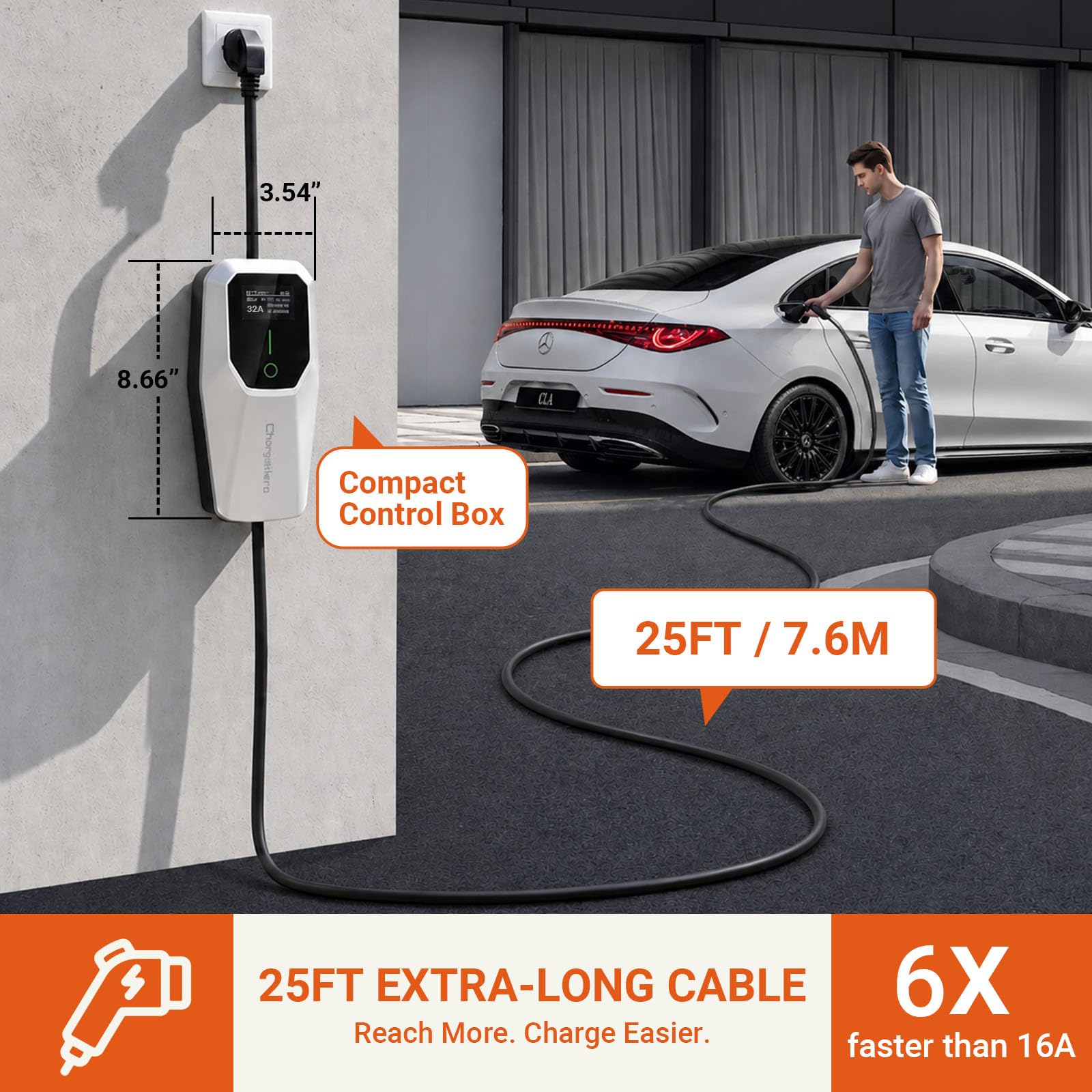 CHARGEHERE coiled 25ft cable displaying flexible reach advantage