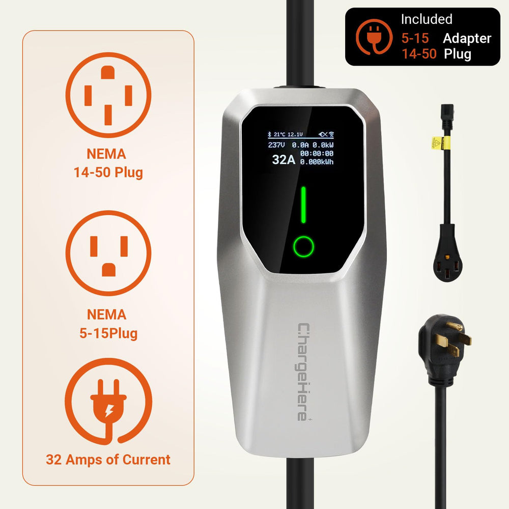 CHARGEHERE close-up of J1772 connector and ergonomic handle benefits