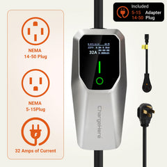 CHARGEHERE close-up of J1772 connector and ergonomic handle benefits
