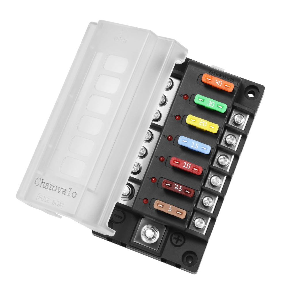 Chatovalo fuse box front view showing six fused circuits and compact layout for neat wiring
