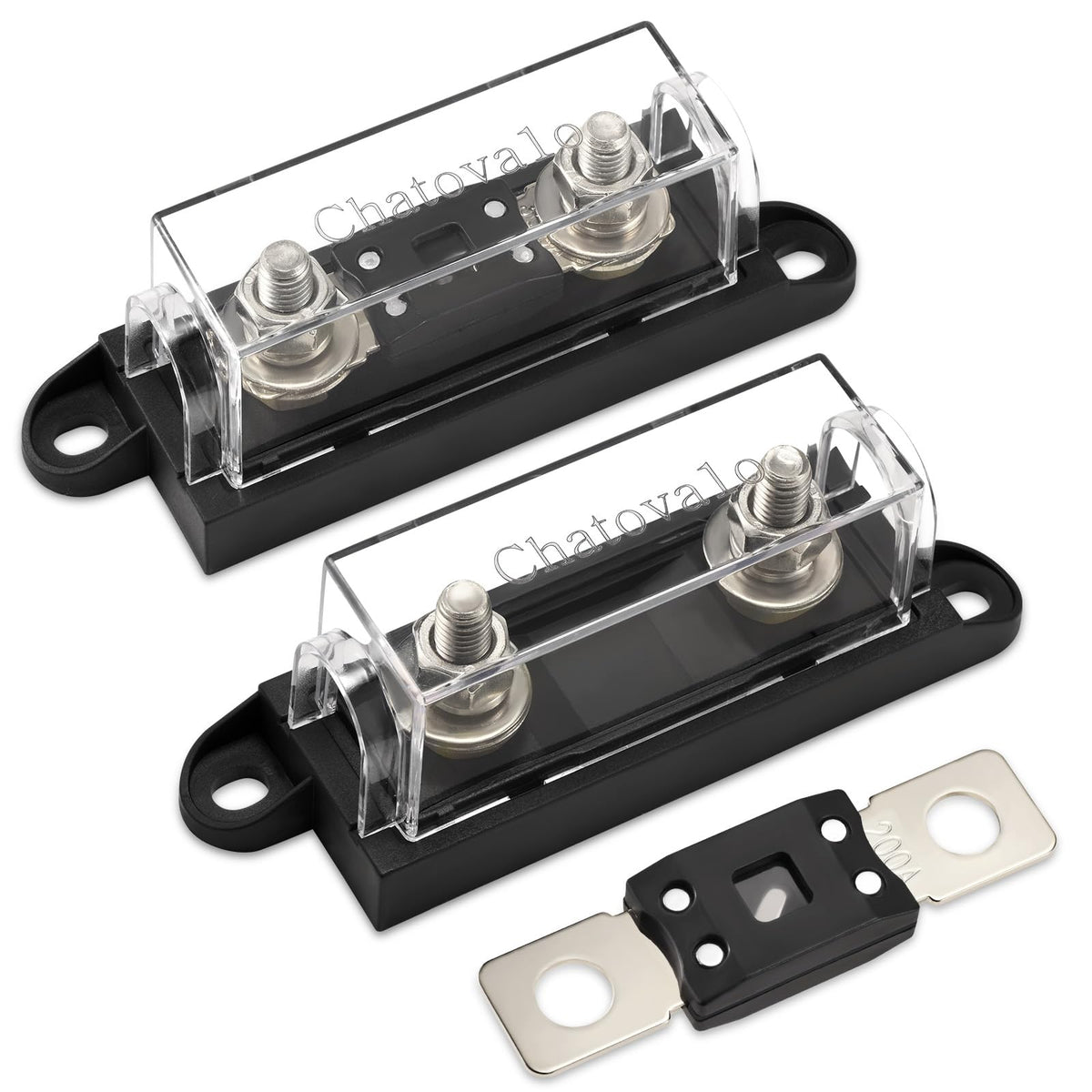 Chatovalo front view of MEGA fuse holder showing compact durable housing and cover benefit