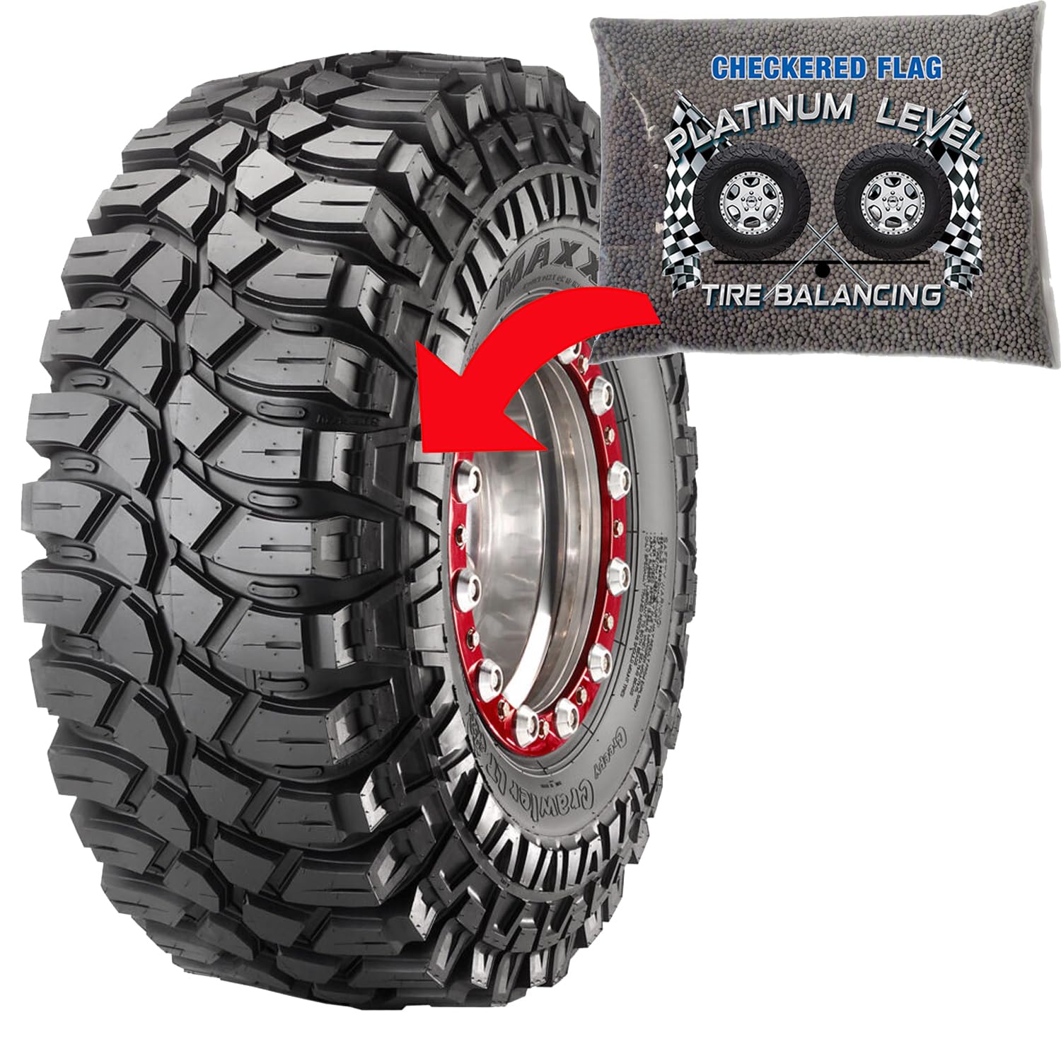 Checkered Flag beads visible inside truck wheel demonstrating reduced vibration during operation