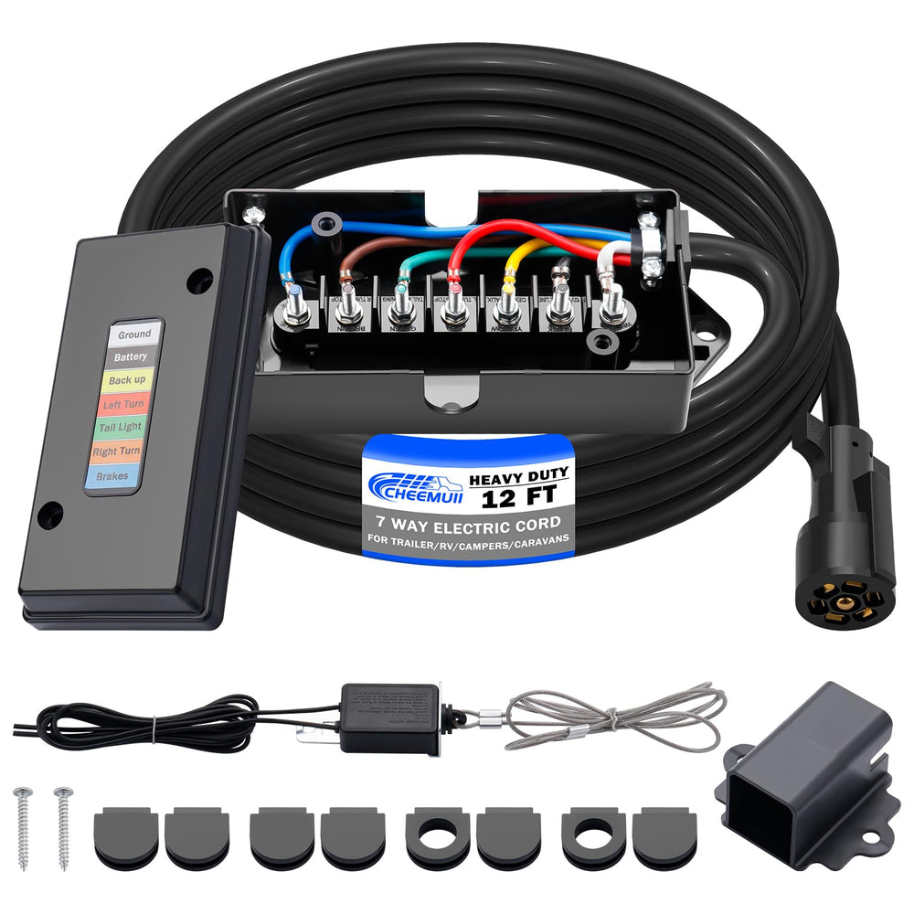 CheeMuii 7-way harness front assembly showing connectors and weatherproof jacket for reliable towing