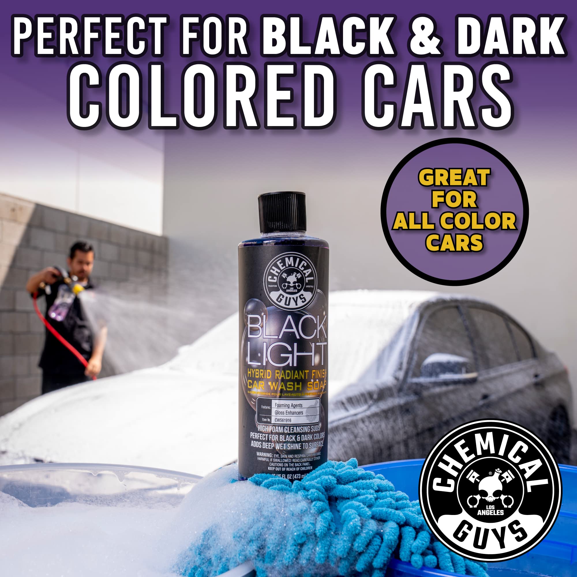 Chemical Guys before and after on dark car showing enhanced gloss