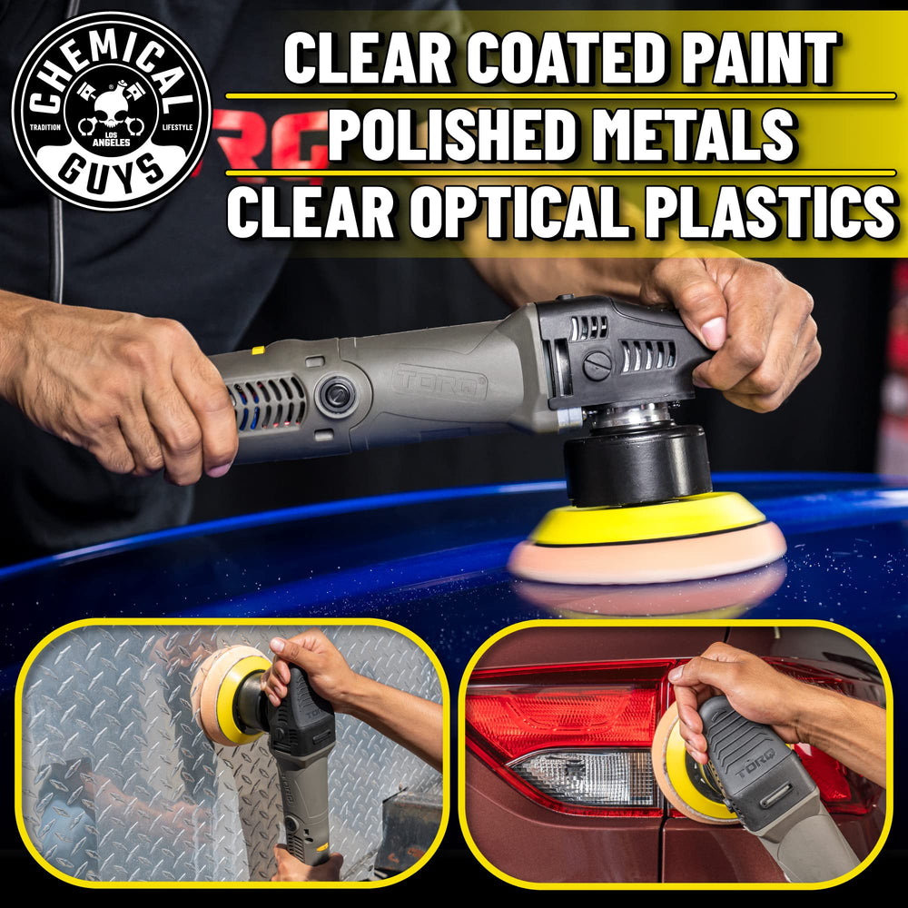 Chemical Guys BUF503 orbit action detail illustrating 8mm throw for safe correction