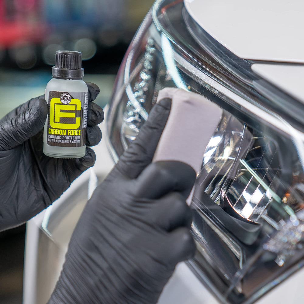 Chemical Guys-treated headlight and chrome showing restored clarity