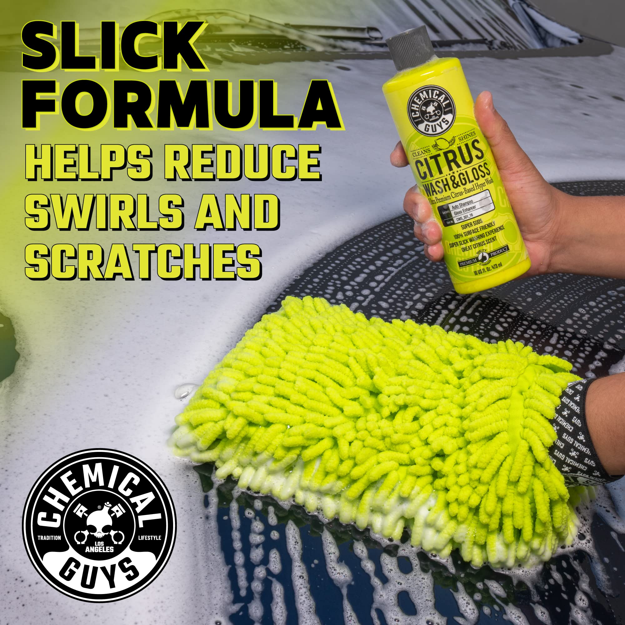 Chemical Guys Citrus Wash & Gloss bottle label showing high-suds formula