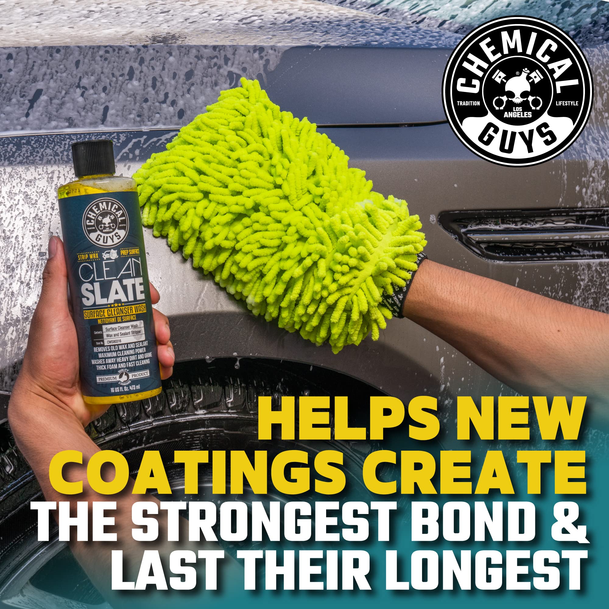 Chemical Guys being used with chenille mitt to safely lift wax and dirt
