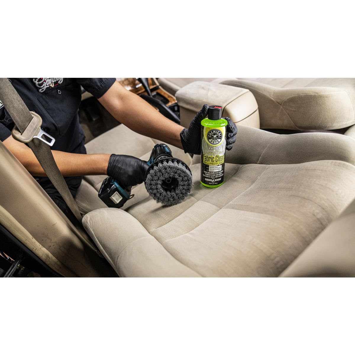 Chemical Guys cleaning car seat removing dirt gently and restoring fabric appearance