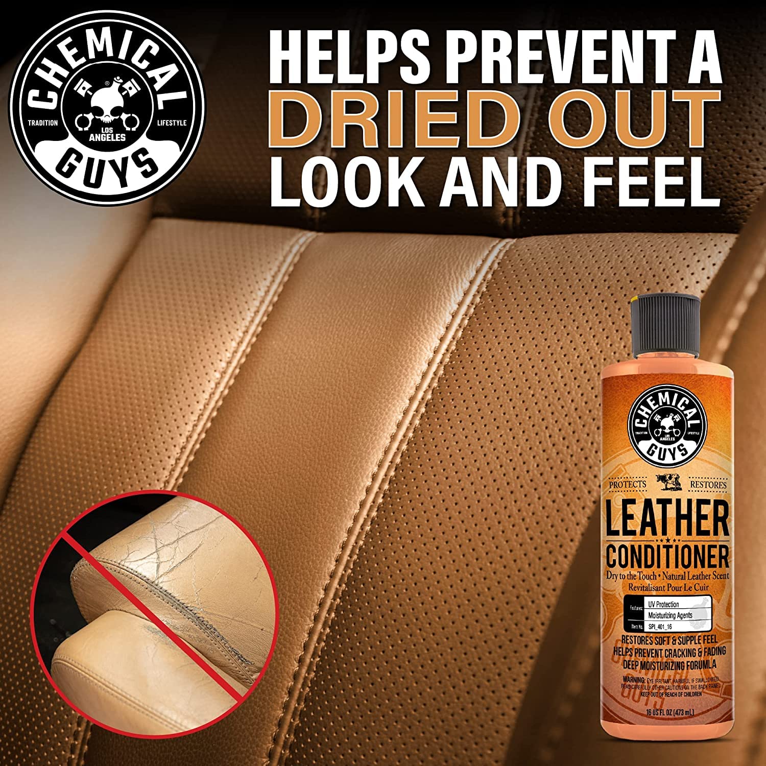 Chemical Guys leather conditioner bottle label visible and nourishing benefits