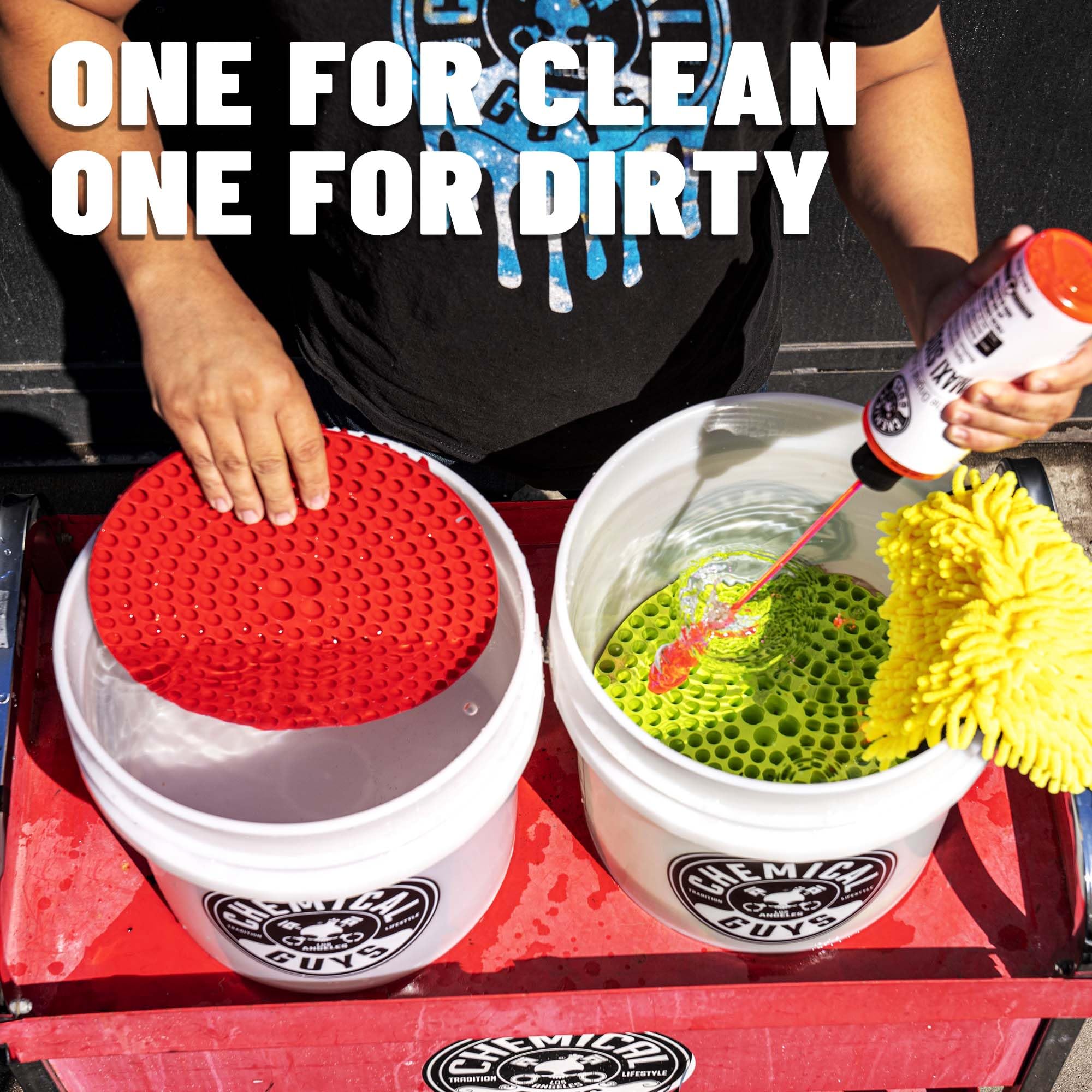 Chemical Guys Cyclone Dirt Trap in use with mitt showing cleaner wash and reduced swirl risk