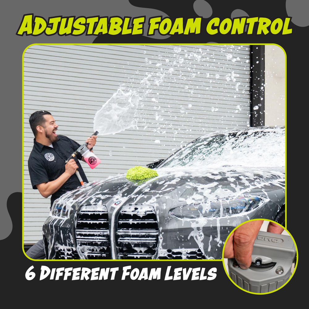 Chemical Guys foam blaster nozzle producing thick foam pattern that clings for safer cleaning