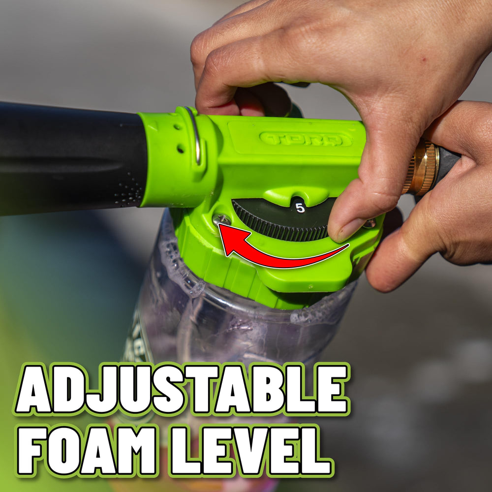 Chemical Guys Foam Blaster spraying on car panel for even coverage and faster washing benefit