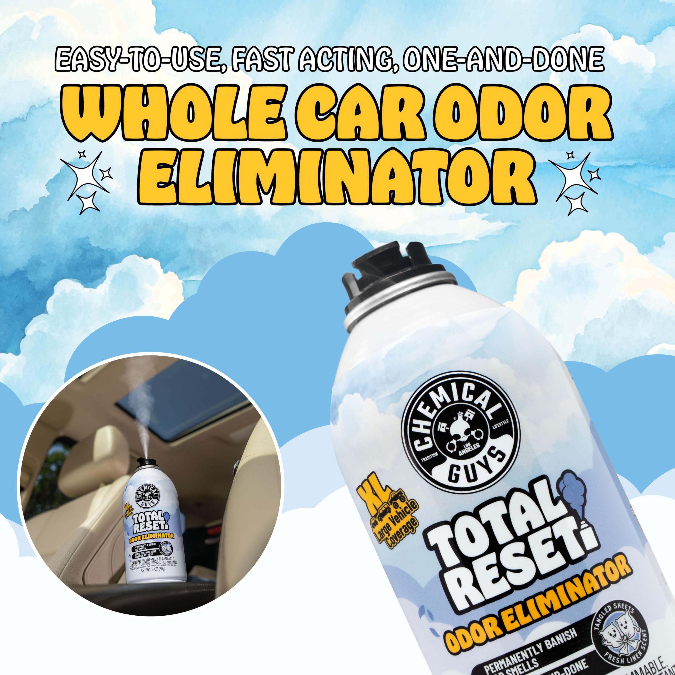 Chemical Guys aerosol nozzle detail illustrating secure lock and easy hands-free use