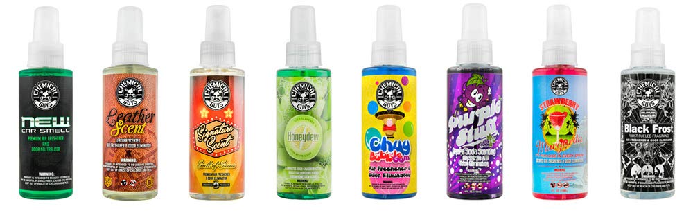 Chemical Guys four 4oz bottles arranged to compare fragrances and convenience