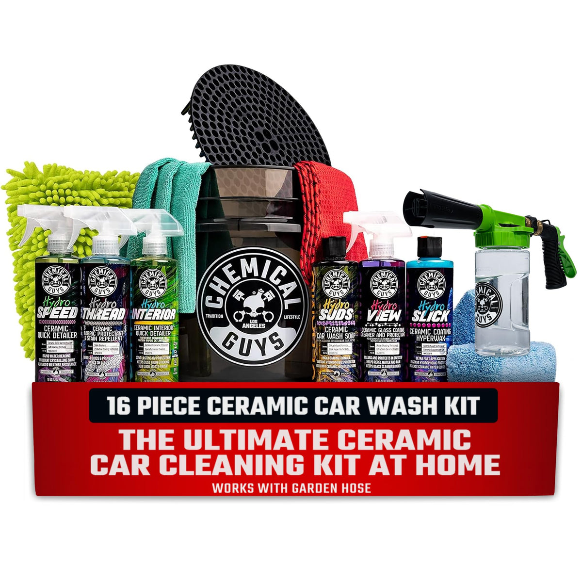 Chemical Guys front-of-box showing full 16-piece kit benefits