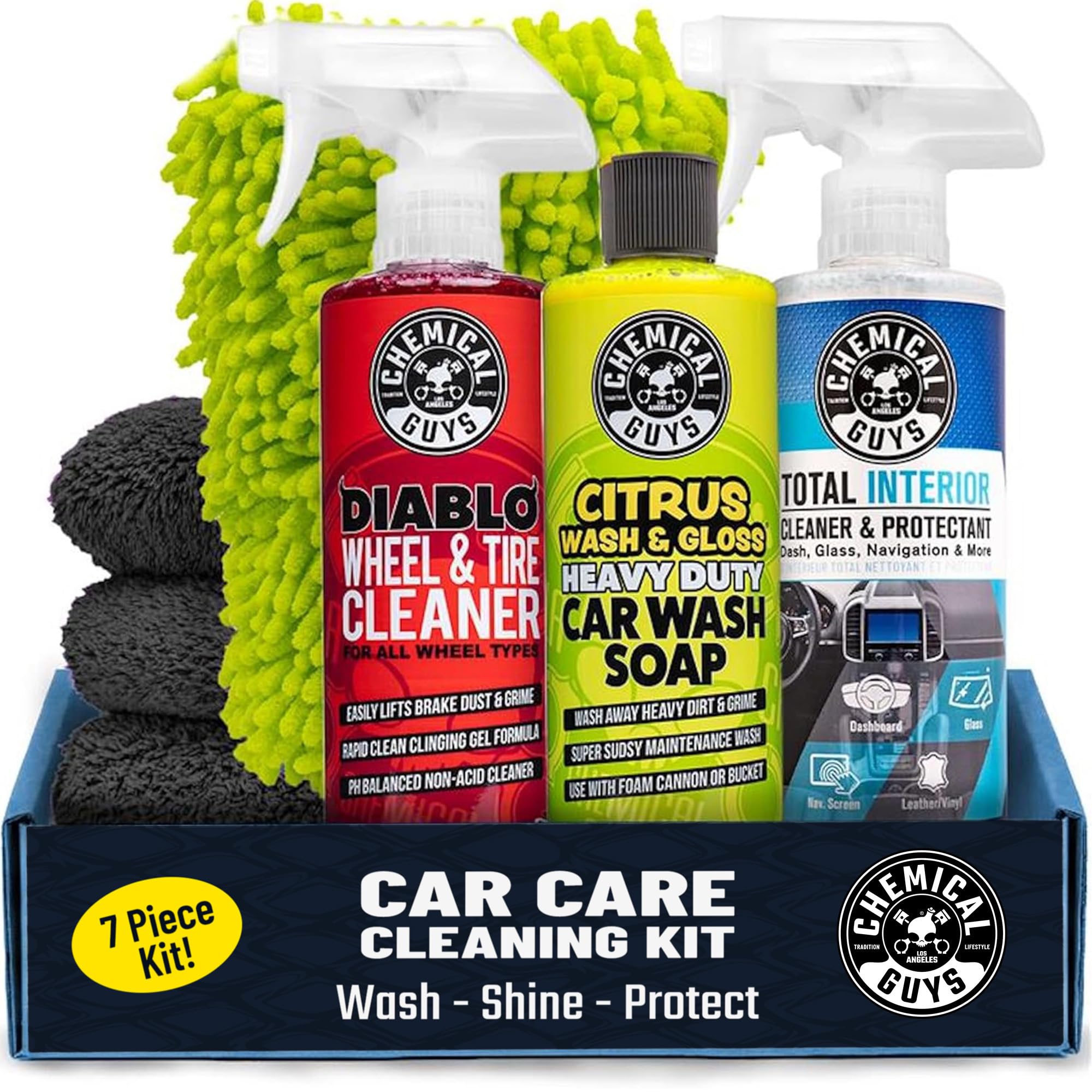 Chemical Guys front packaging showing full 7-piece kit and benefits