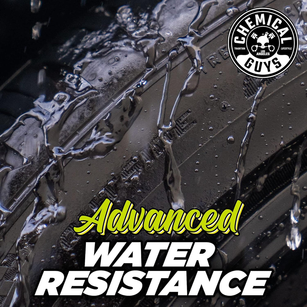 Chemical Guys being sprayed on tire during detailing for efficient coverage