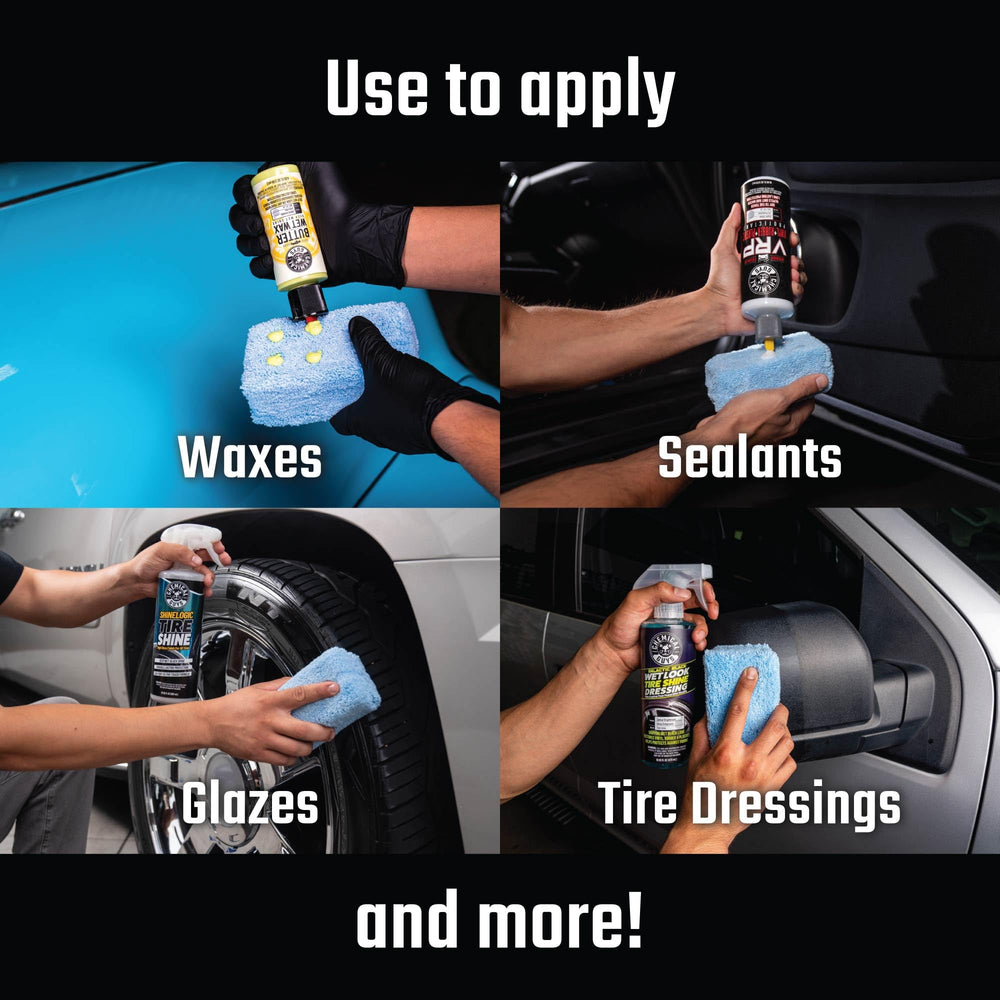 Chemical Guys kit staged beside a detailed car in showroom conveying professional wet-look results