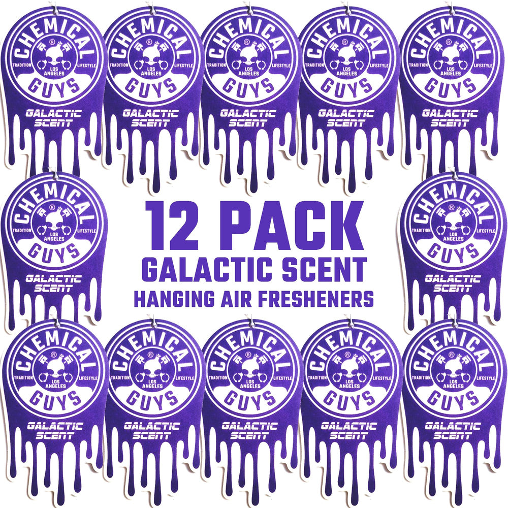 Chemical Guys front packaging showing 12-pack Galactic fresheners and bulk value
