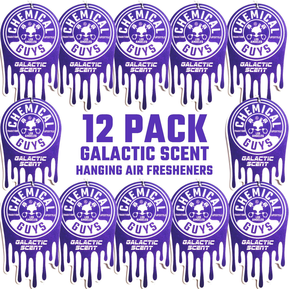 Chemical Guys front packaging showing 12-pack Galactic fresheners and bulk value