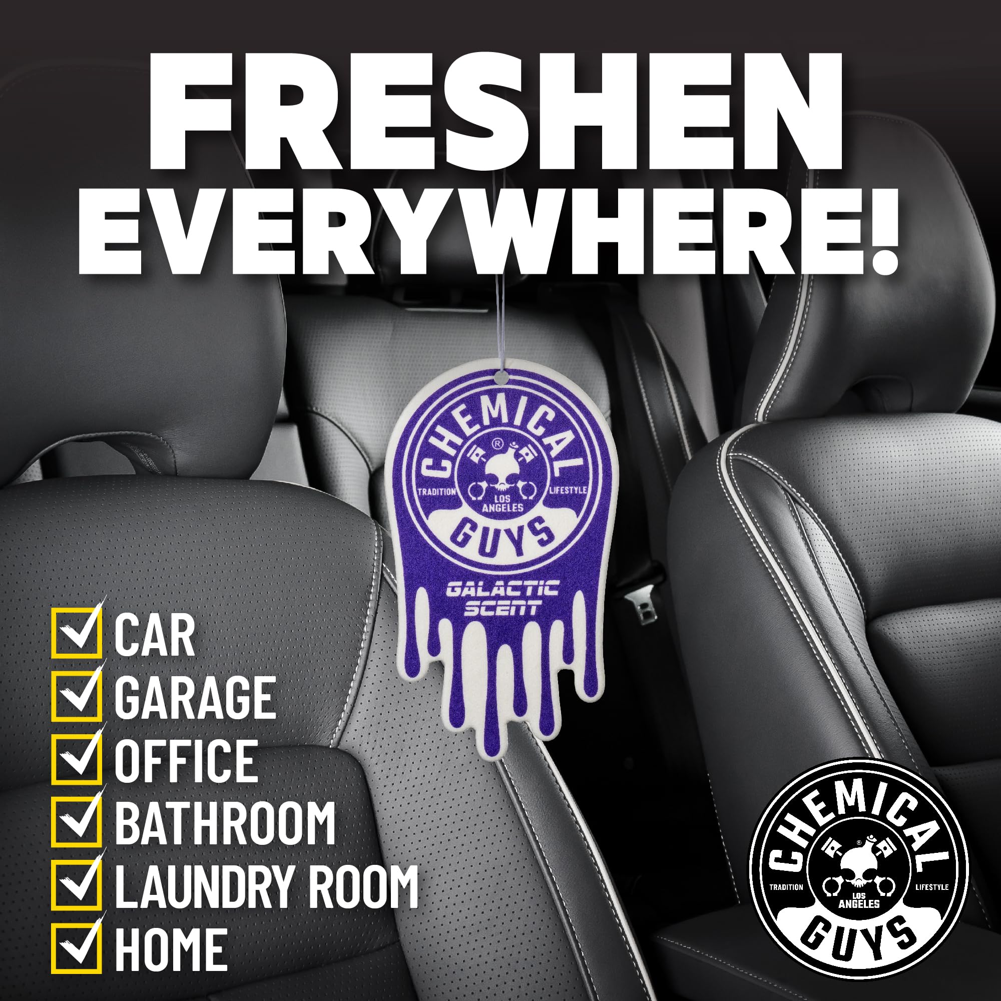 Chemical Guys freshener next to hand showing compact size and portability benefit