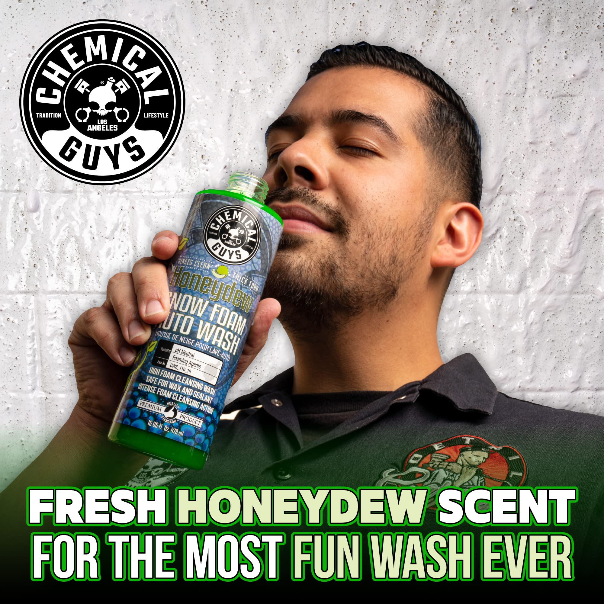 Chemical Guys bottle next to honeydew fruit indicating pleasant fragrance
