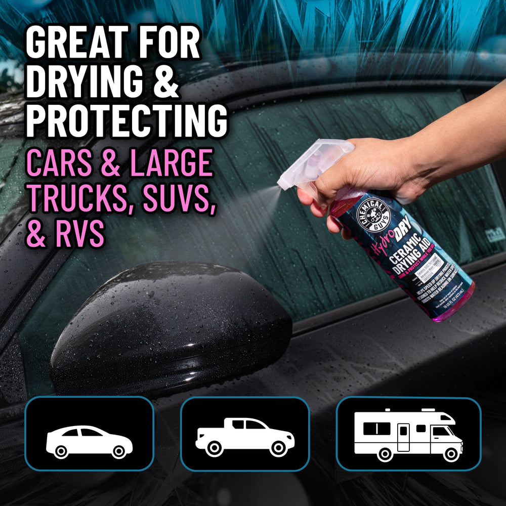 HydroDry on glass and chrome surfaces by Chemical Guys, illustrating streak-free clarity benefit