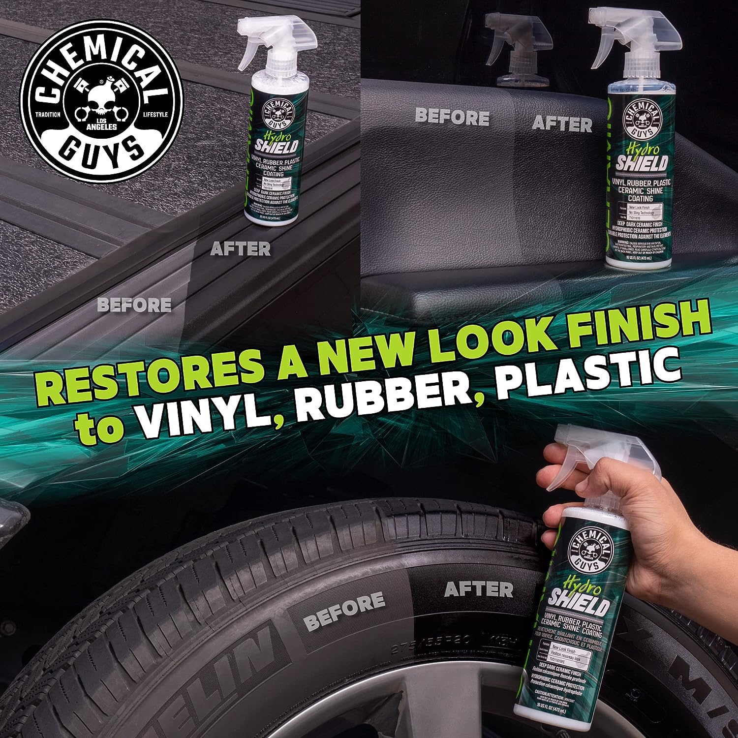 Chemical Guys HydroShield before and after on side panel showing fade restoration