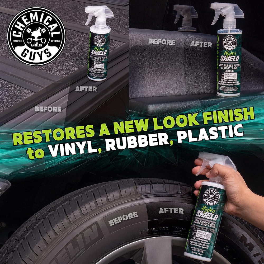 Chemical Guys HydroShield before and after on side panel showing fade restoration