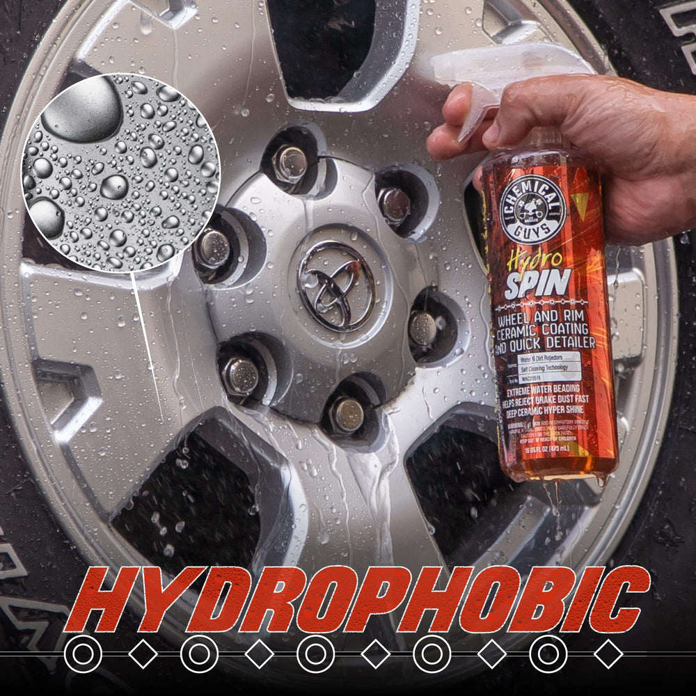 Chemical Guys HydroSpin before and after wheel image highlighting reduced brake dust and gloss restored benefit