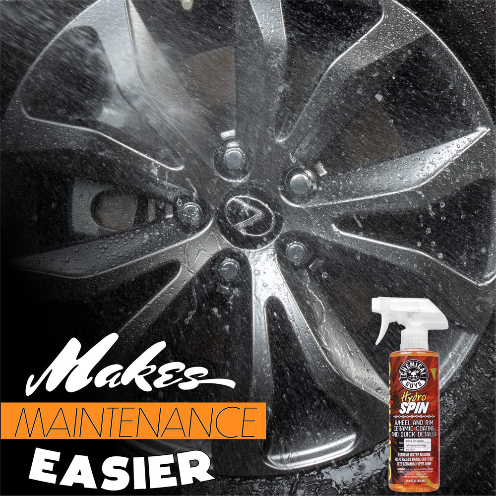 Chemical Guys HydroSpin used on a parked car wheel in a driveway showing everyday use and protection benefit