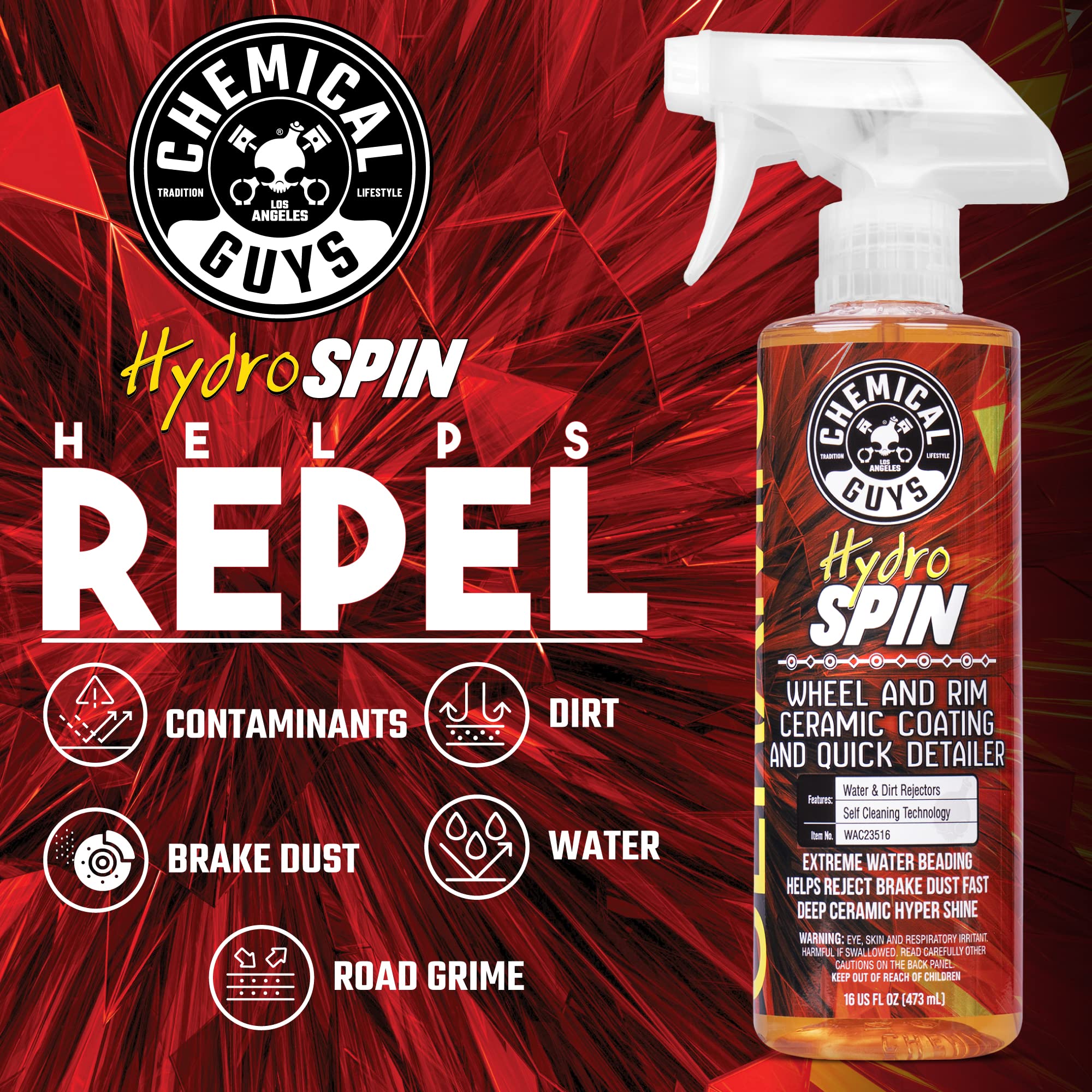 Chemical Guys HydroSpin being sprayed onto a wheel illustrating easy application and instant coverage benefit