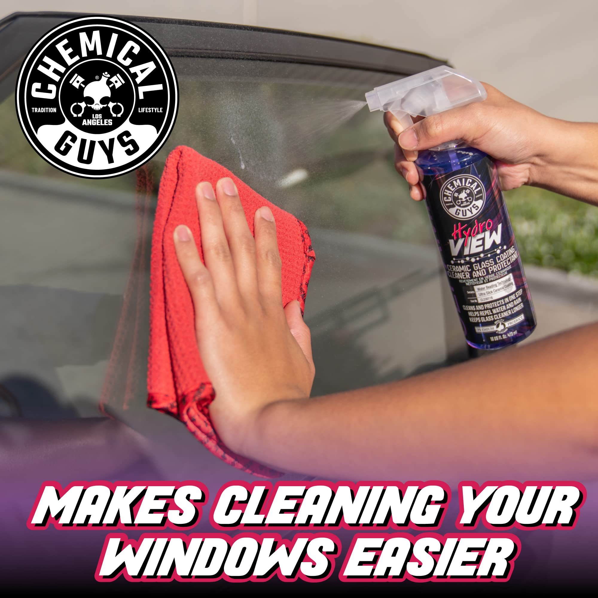 Chemical Guys HydroView arranged with detailing tools for a complete glass care routine