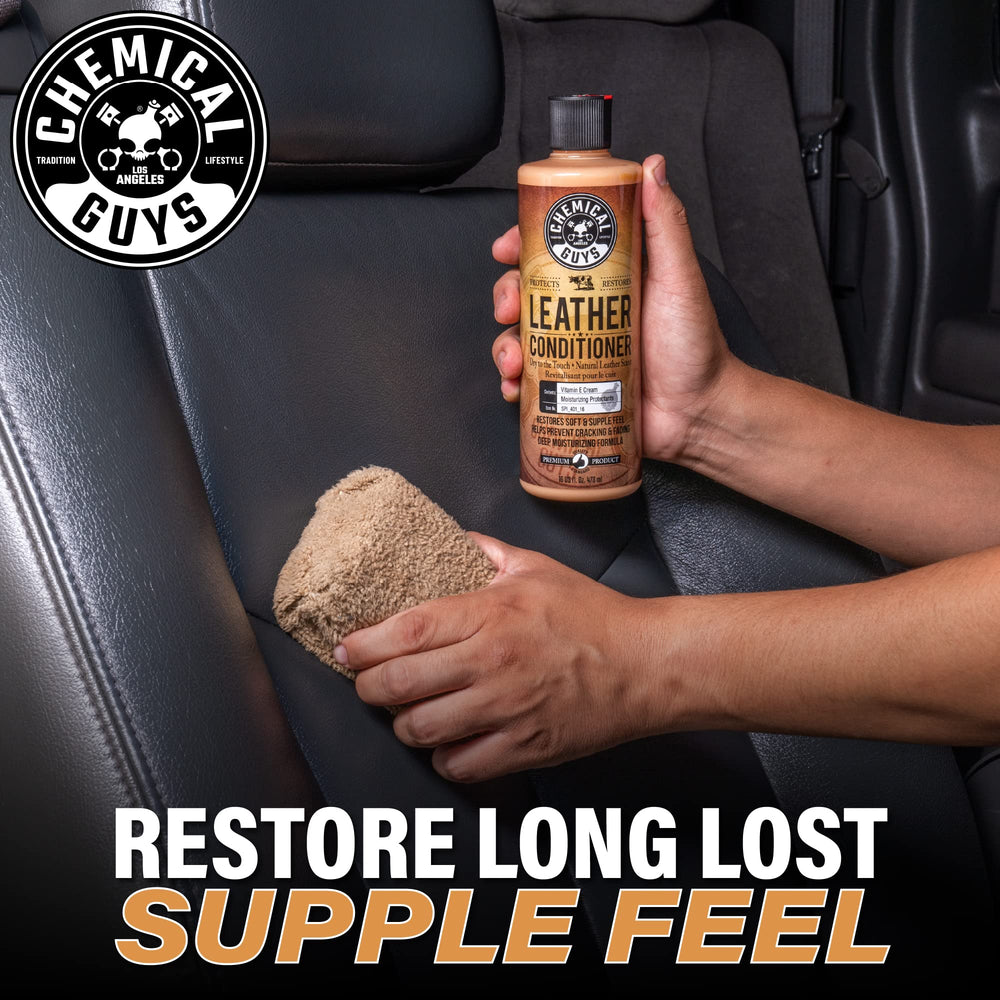 Chemical Guys before and after car seat restoration with clearer texture