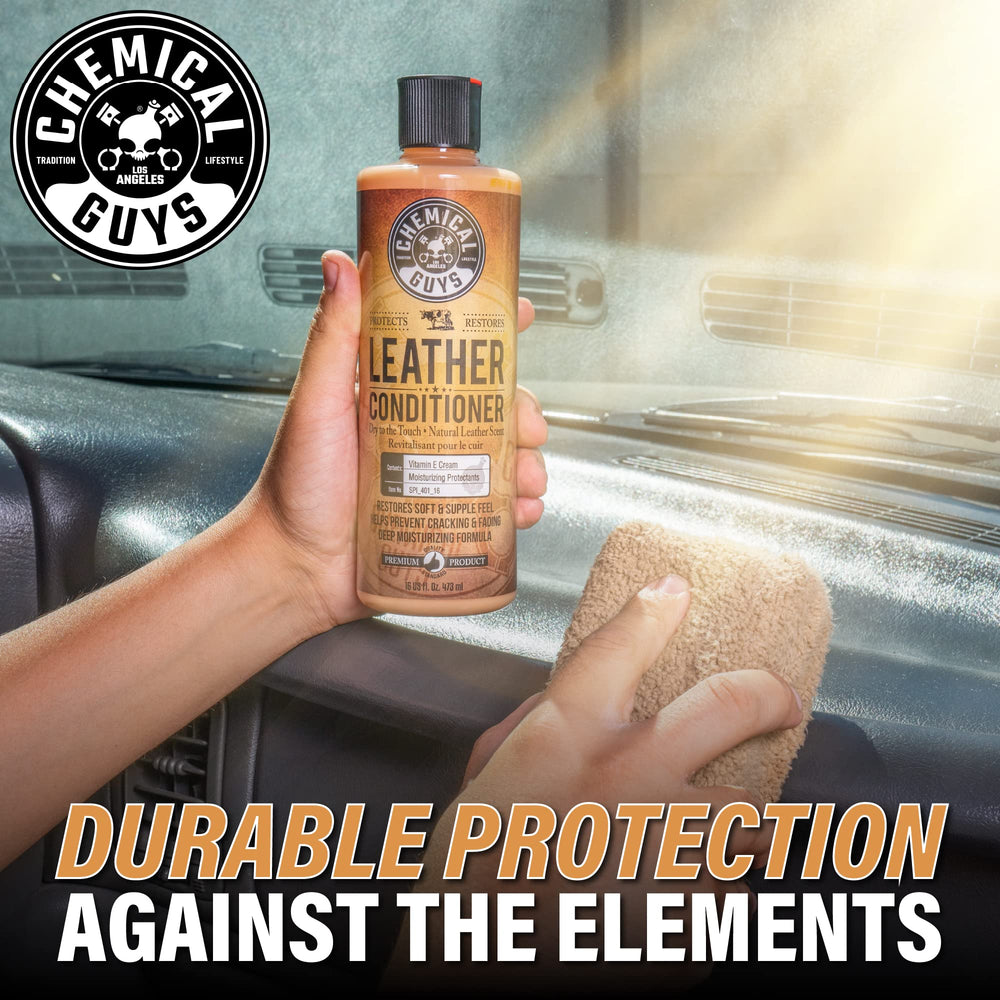 Chemical Guys close detail of treated leather grain restoring suppleness