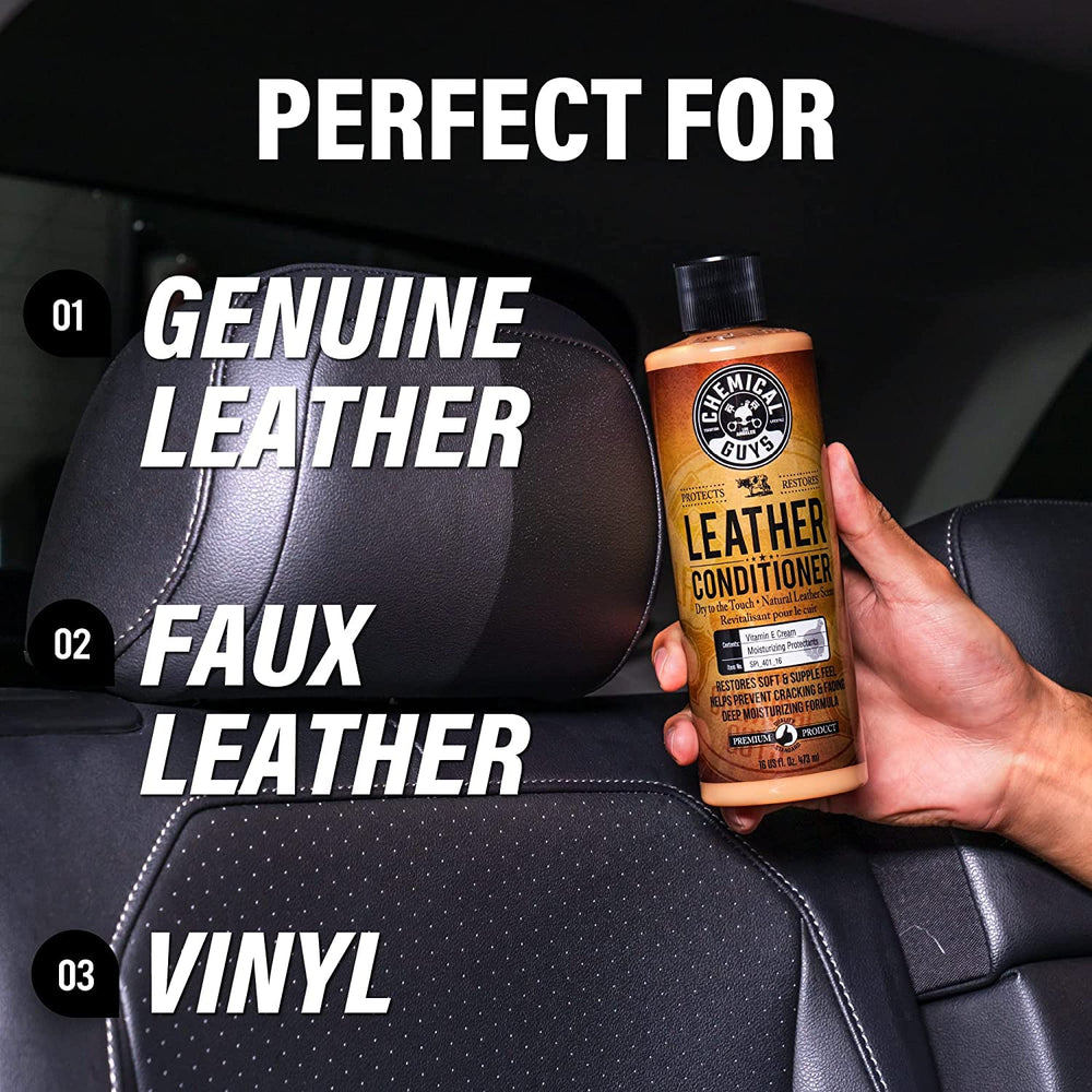 Chemical Guys lifestyle shot in car interior conveying refreshed leather cabin