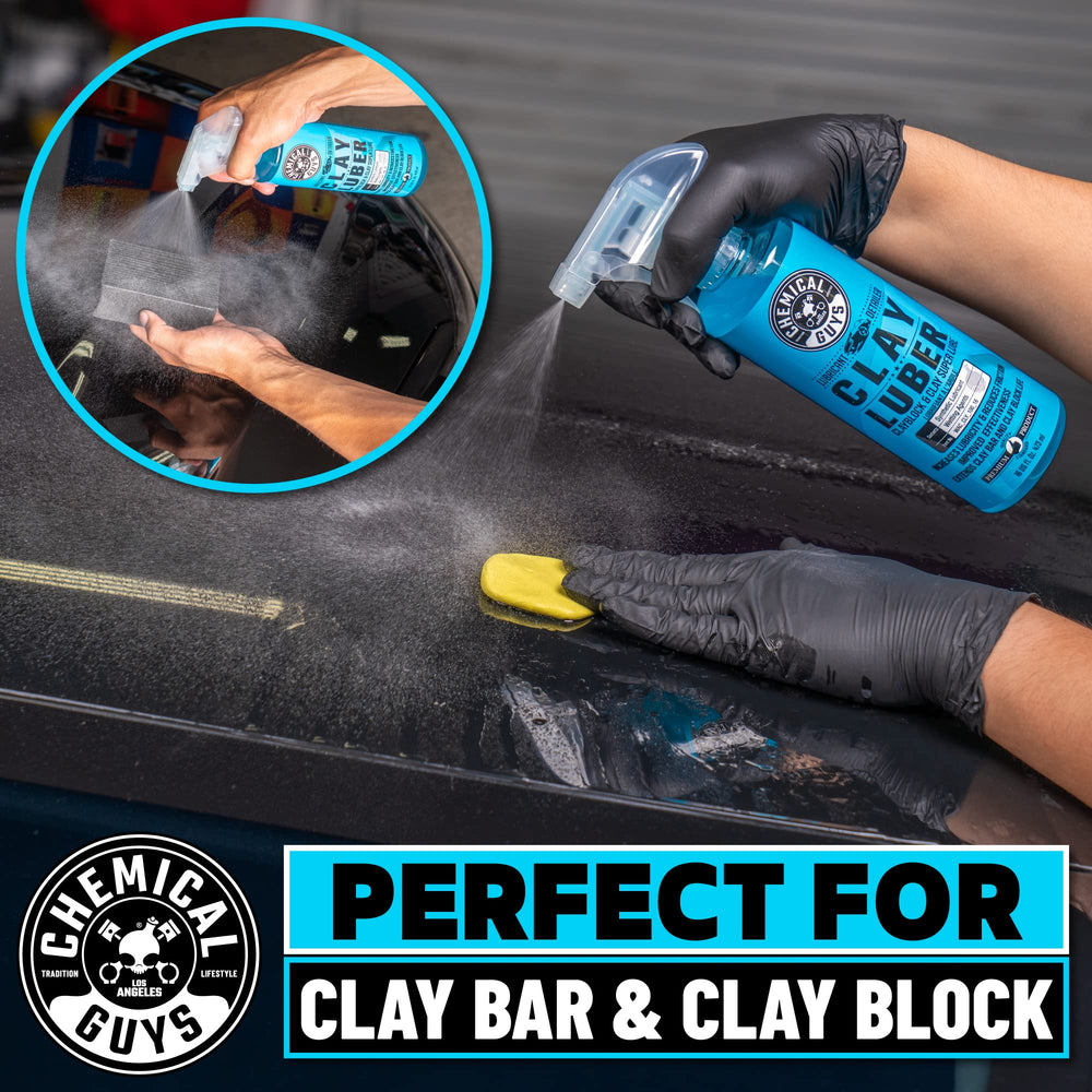 Chemical Guys luber spraying on black paint for safe glide