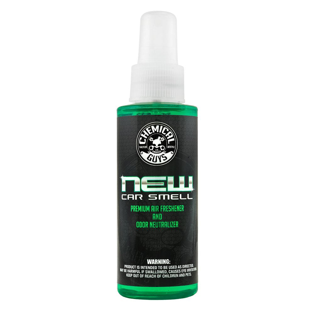 Chemical Guys New Car Smell bottle closeup highlighting showroom-like freshness